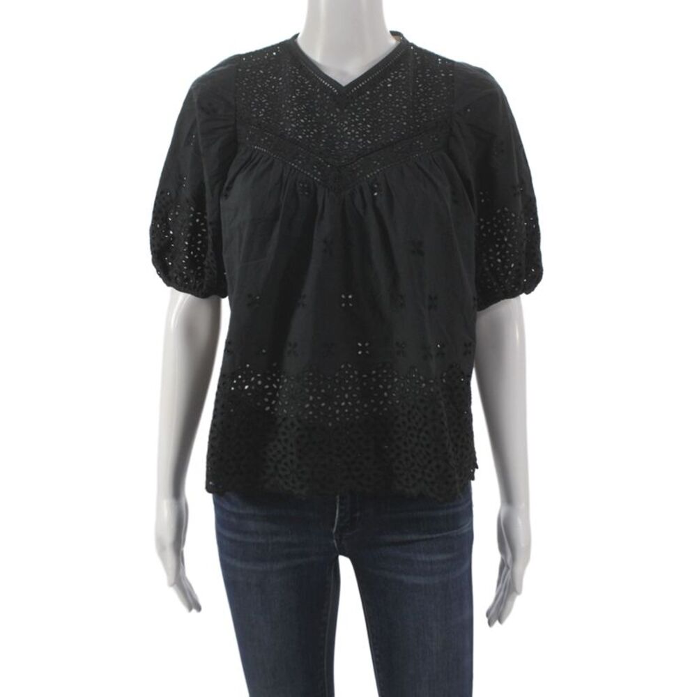 Ulla Johnson Womens Black V-Neck Short Sleeve Tunic 100% Cotton Boho Size 00